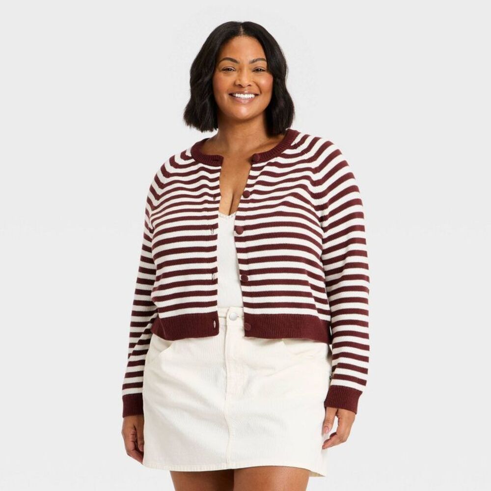 Women's Crewneck Cotton Cardigan - Universal Thread Maroon Striped XXL